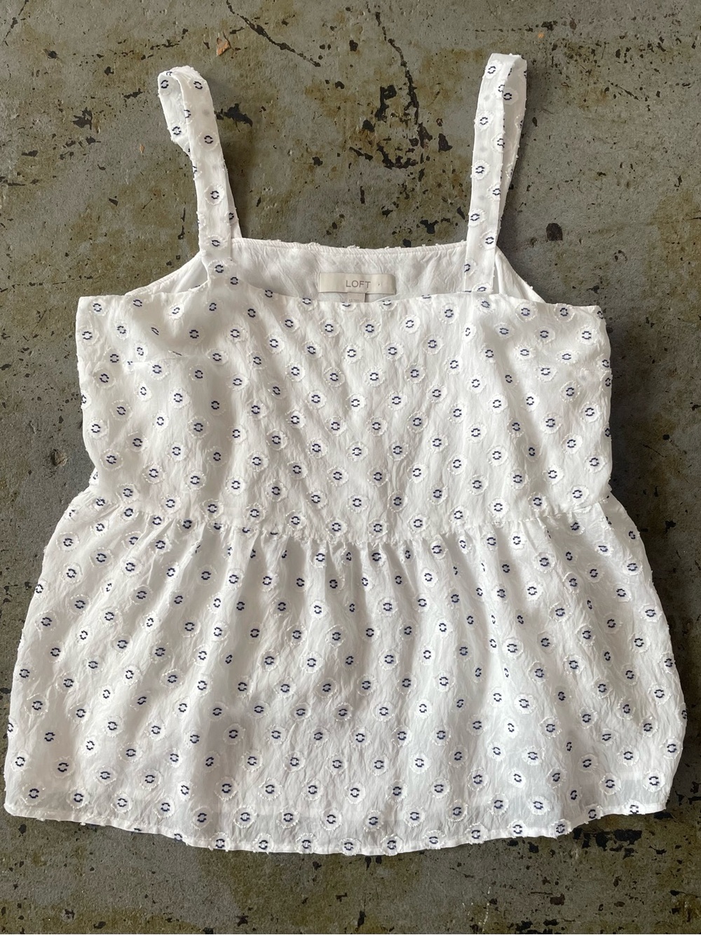LOFT White Embroidered Baby Doll Tank Top with Navy Pattern Size 12